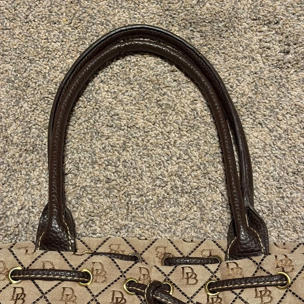 Dooney & Bourke DB Logo Canvas Satchel Bag Brown Leather Drawstring